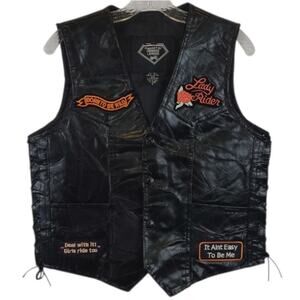 Diamond Plate Leather Lady Rider Vest Black Lace-Up Sides Patches Pockets Sz S